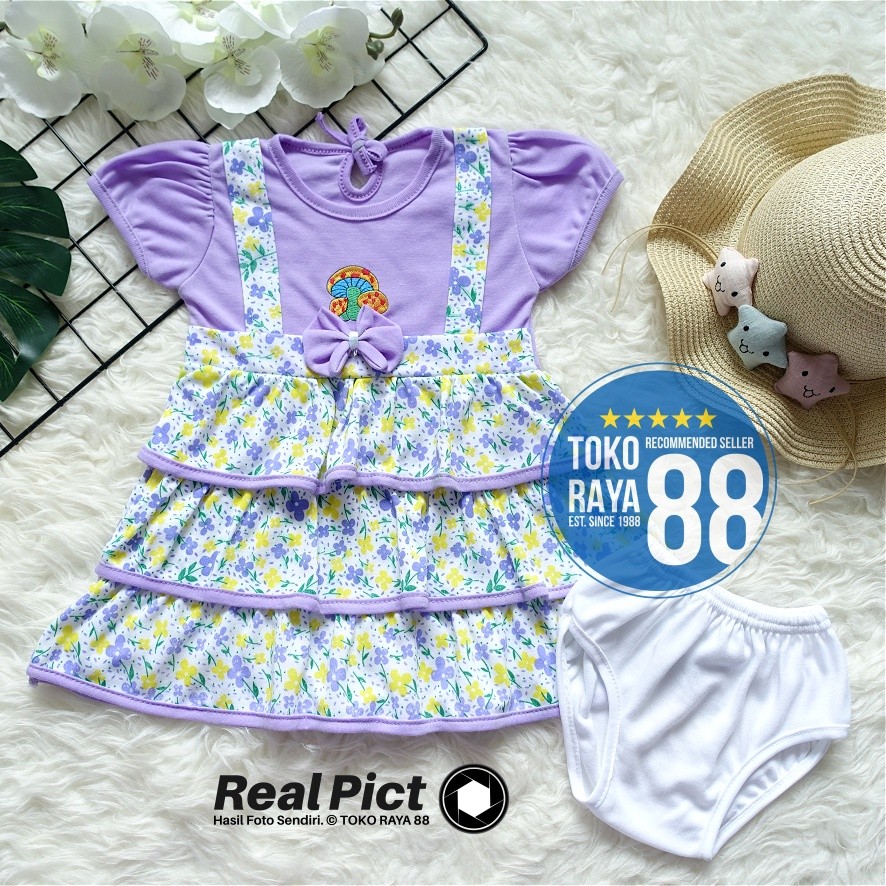 Toko Raya 88, Setelan Dress Bayi 3-18 Bln, Motif Overall Bunga Mushroom Bordir, Baju Lebaran Anak