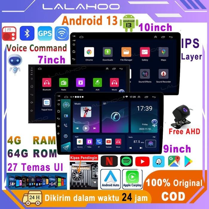 Ada Kipas PendinginLALAHOO 4G+64G Android 13 Head Unit 7/9/10 Inch IPS Layer Mobil Navigasi Untuk