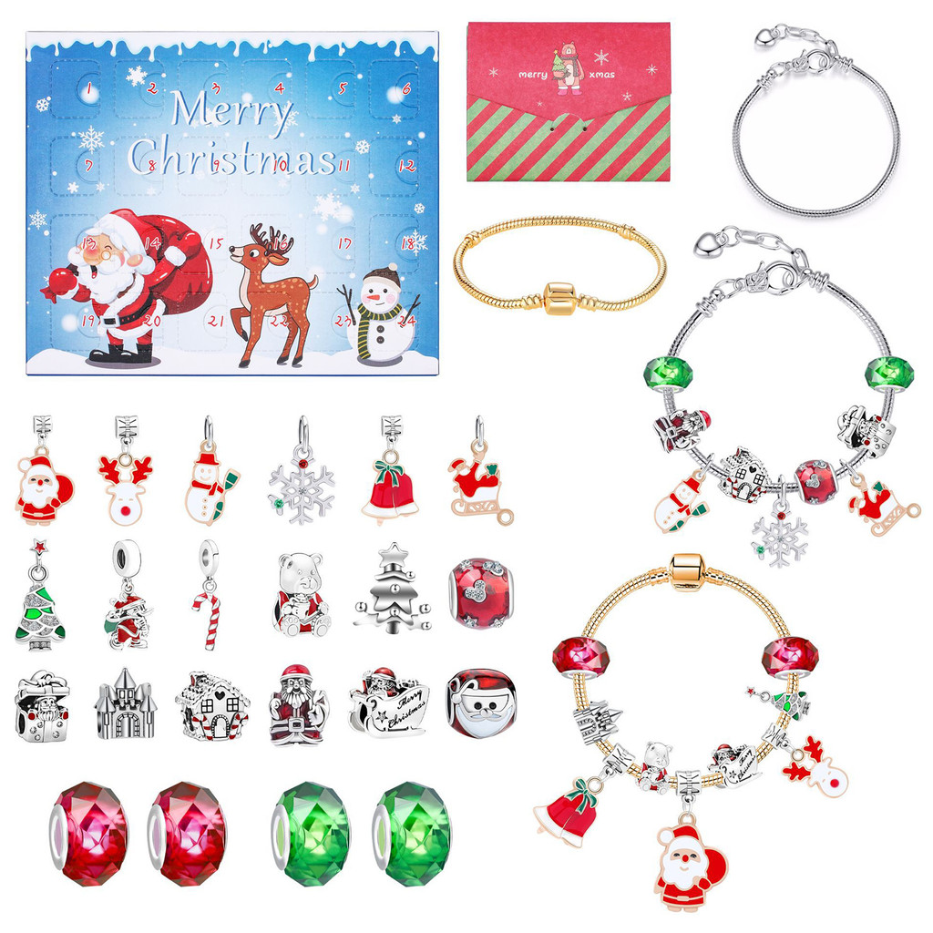 Christmas Countdown Advent Calendar DIY Charm Bracelet Necklace Jewelry Making Kit 2 Adjustable Brac