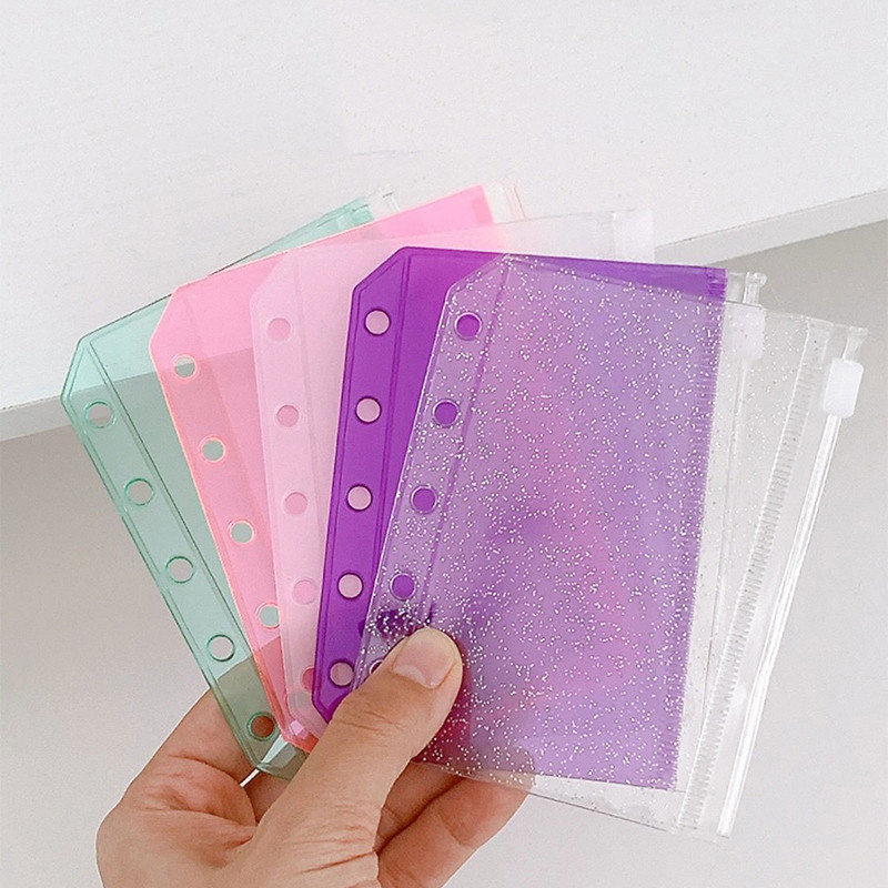 

10Pcs A8 M5 Binder Pockets Colofrful Transparent Binding Zipper Pocket For 5-Ring Notebook Folders