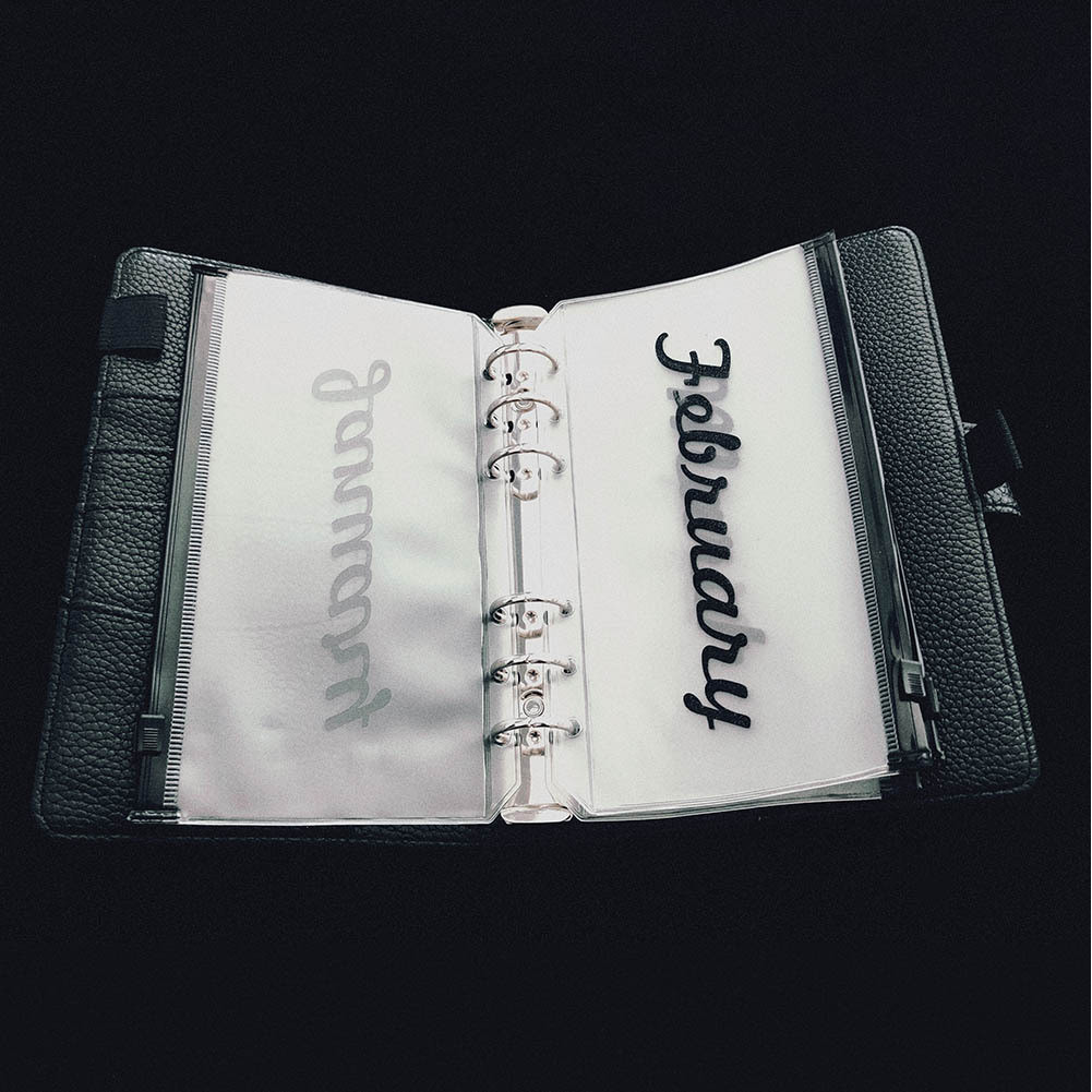

A5 A6 12Pcs Black Flashing Lettering Loose Leaf Month Zpper Bag 6-Hole Financial Management Budget