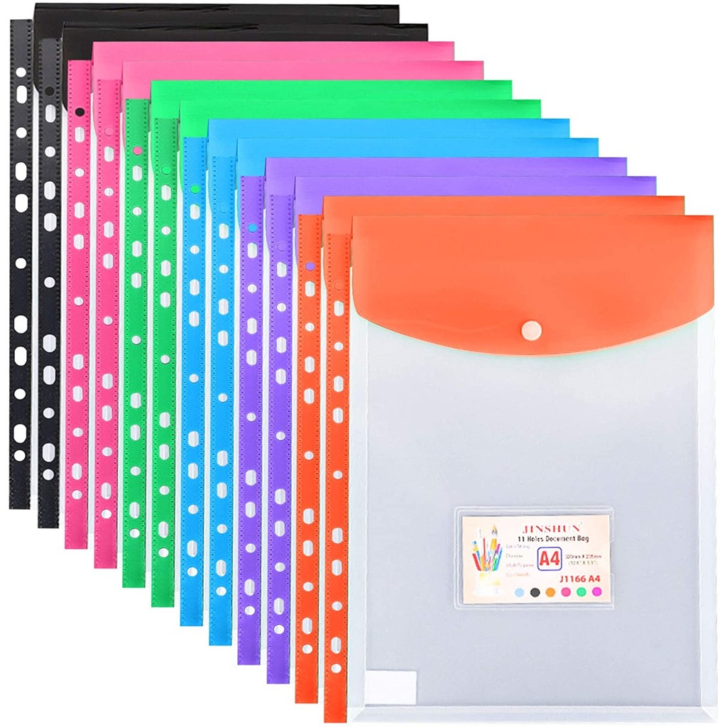 

12Pcs Expandable Binder Pocket A4 Clear Plastic Envelopes 11-Hole Binder Document Contract Bag Clip