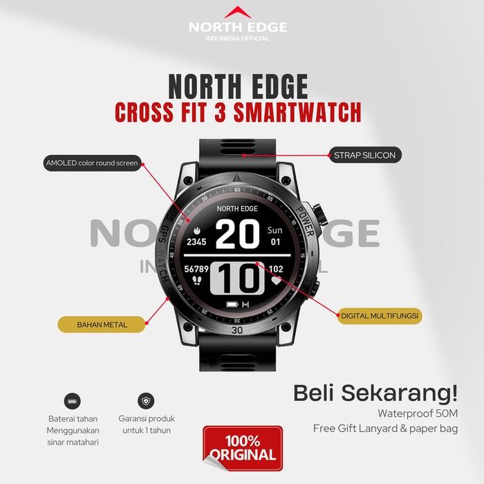 Jam Tangan Pria North Edge Cross Fit 3 GPS Olahraga 1.43 Inci Layar HD AMOLED 50M ATM Altimeter