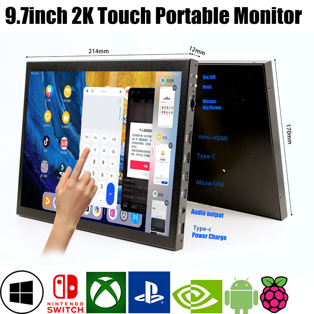 9.7 Inch 2K Touch Screen HDMI-compatible LCD for Raspberry Pi Orange Pi Windows PC Display with Cort