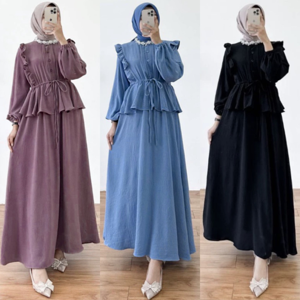 PROMO / Dress Ivana Rosaline Maxi Ruffle Busui Slavina Gamis Polos Crinkle Airflow Wanita Maxy