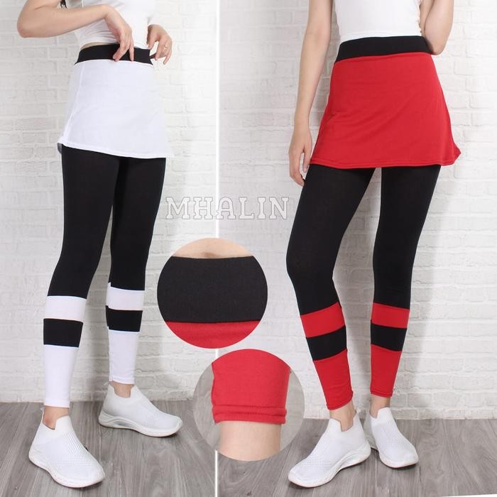 Legging Senam Sport Merah Putih - Celana Rok Senam Viral Wanita