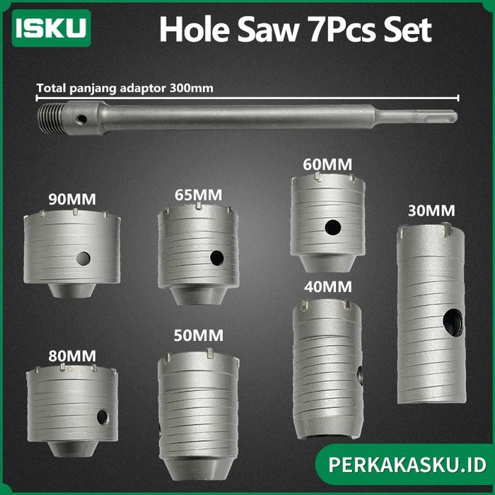 ISKU Hole Saw 7pcs Set Hollow Core Saw 30-90MM Mata Bor Hole Saw Lubang Tembok Beton Pelubang Beton