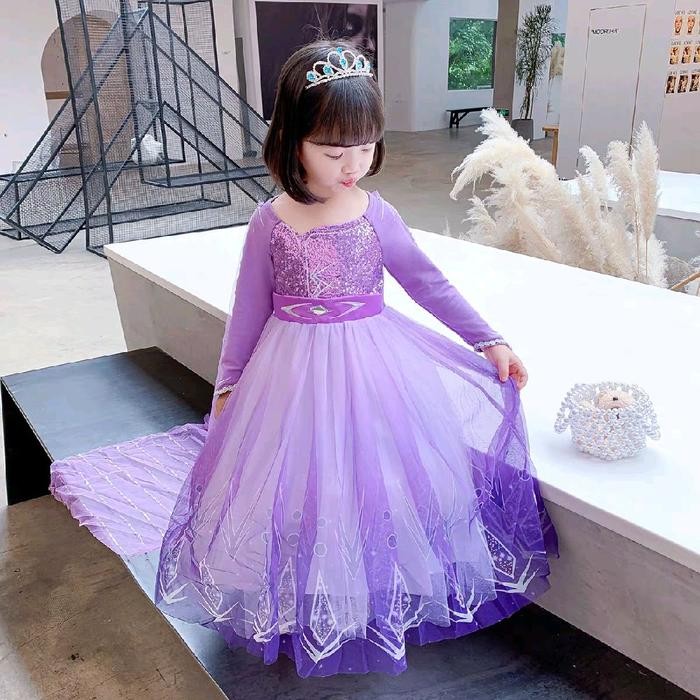 Gaun Dress Frozen Anak Perempuan Warna Lilac Premium Asli 100%