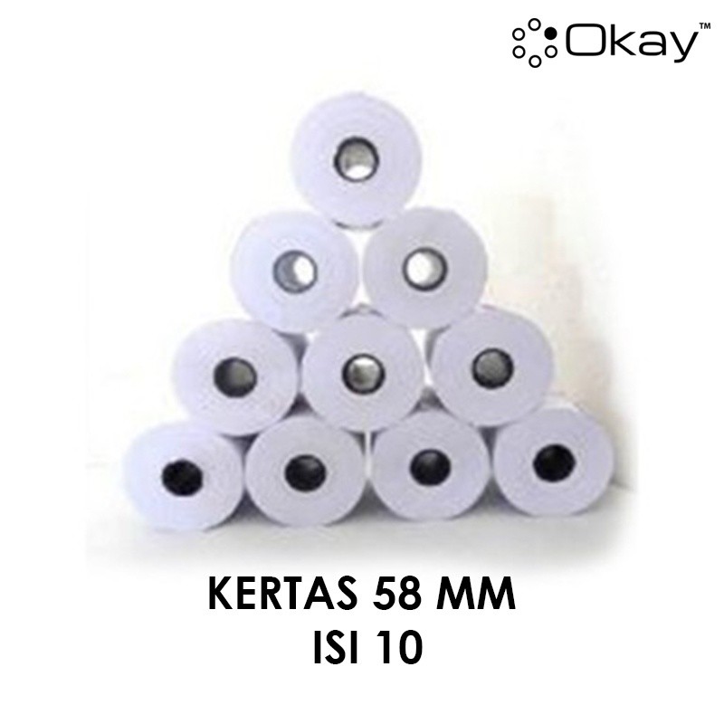 

KERTAS THERMAL STRUK PRINTER KASIR PPOB 58X40 MM PREMIUM HITAM WARNA JELAS ISI 10 ROOL