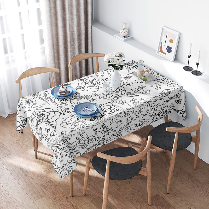 

White Floral Tablecloth With Black Sketch Design For Dining Room Decoration Modern Home Decor Square