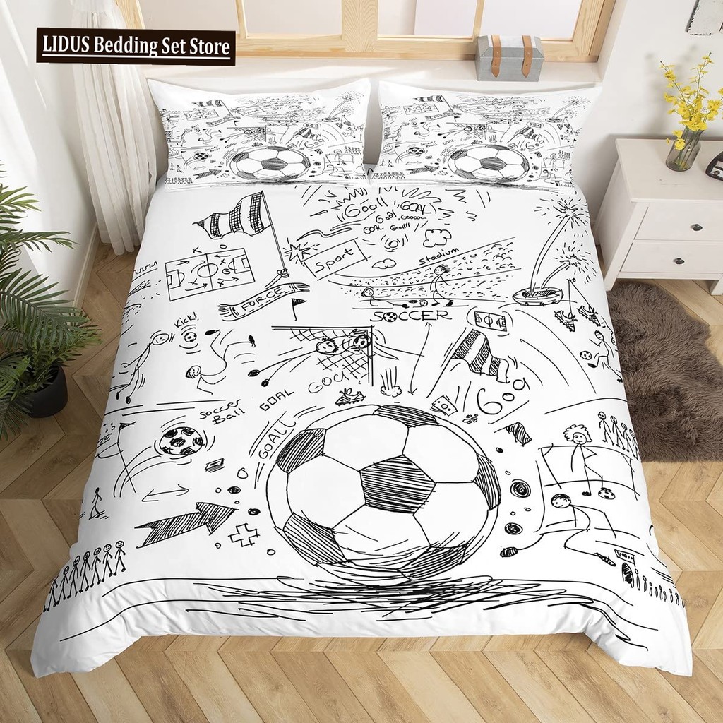 

Football Duvet Cover Set Hand Drawn Sketch Soccer Flag Network Team Sports Bedding Set For Boys