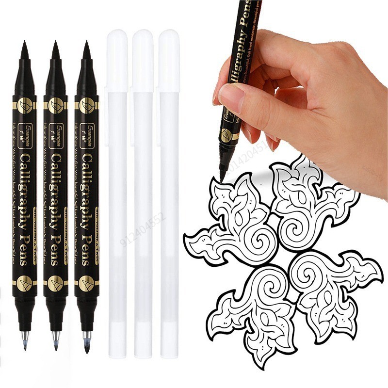 

3/6Pcs Dual Tip Pen Black Calligraphy Brush Pen Lettering Pens Art Marker White Pen For Beginners