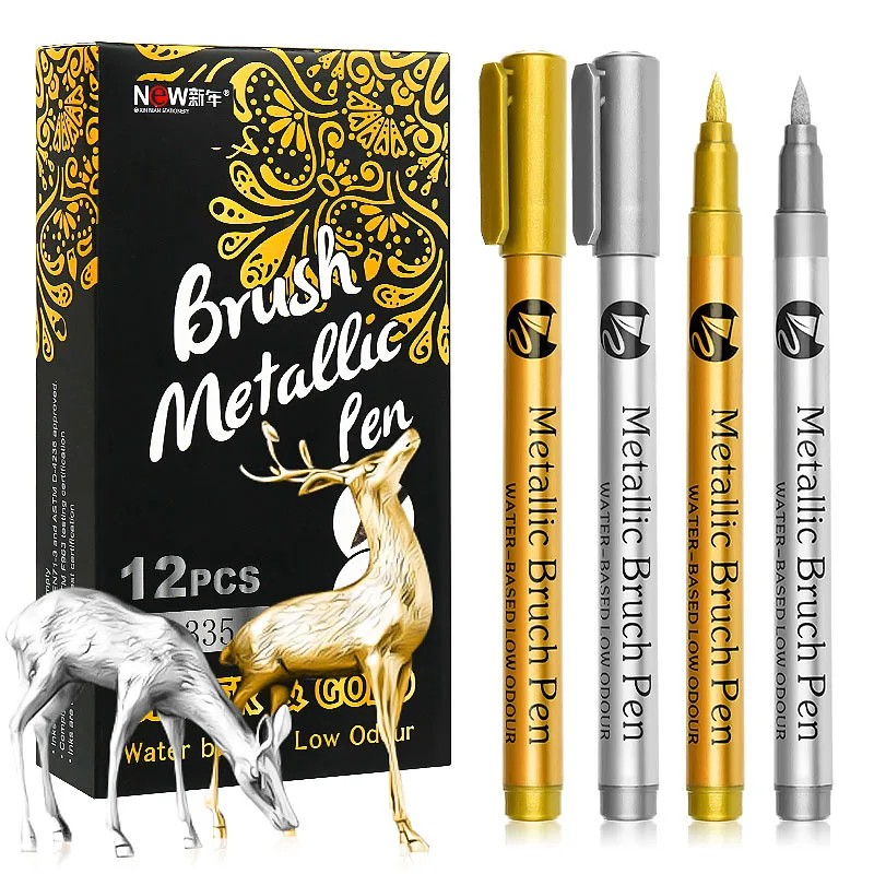 

12Pcs Golden & Silvery Oil Marker Pens, Soft Tip, Quick Drying, Golden/Silvery Craft Pens, For Wood,