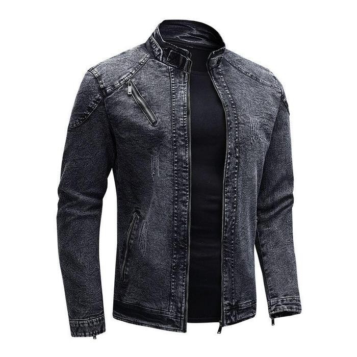 SR5 JAKET JEANS JAKET DENIM PRIA KRAH TINGGI RESLETING BIKER HITAM ATASAN PRIA DISTRO KEREN KASUAL