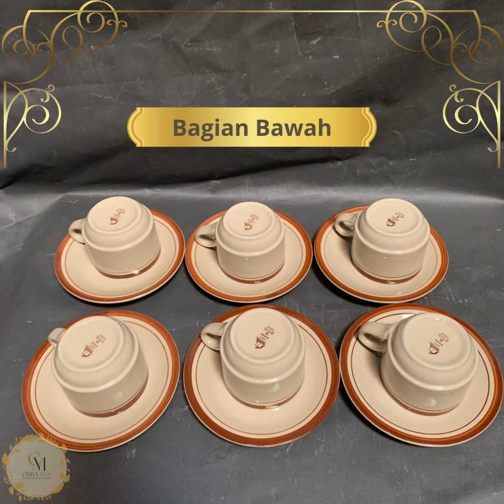 Terapitrendy Cangkir Set Lepek List Coklat / Cangkir Kopi / Cangkir Set Keramik