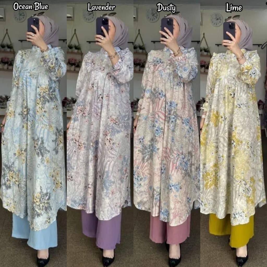 PROMO / LAIKA ONE SET LONG TUNIK BAHAN RAYON MOTIF FULL KANCING DEPAN BUSUI / ONESET LONG TUNIK