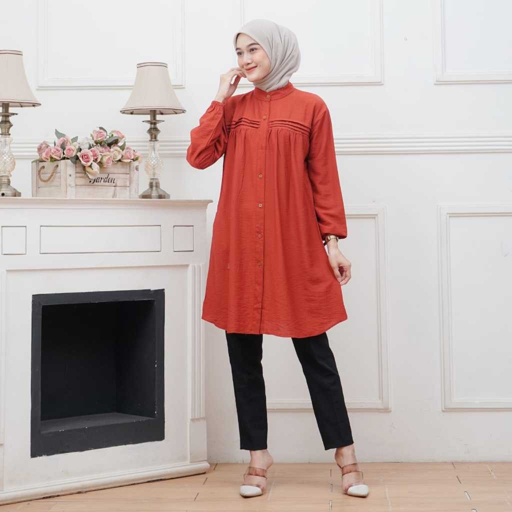 PROMO / ( JUMBO ) NAURA Long Tunik Polo Linen Premium Fashion Muslim Wanita