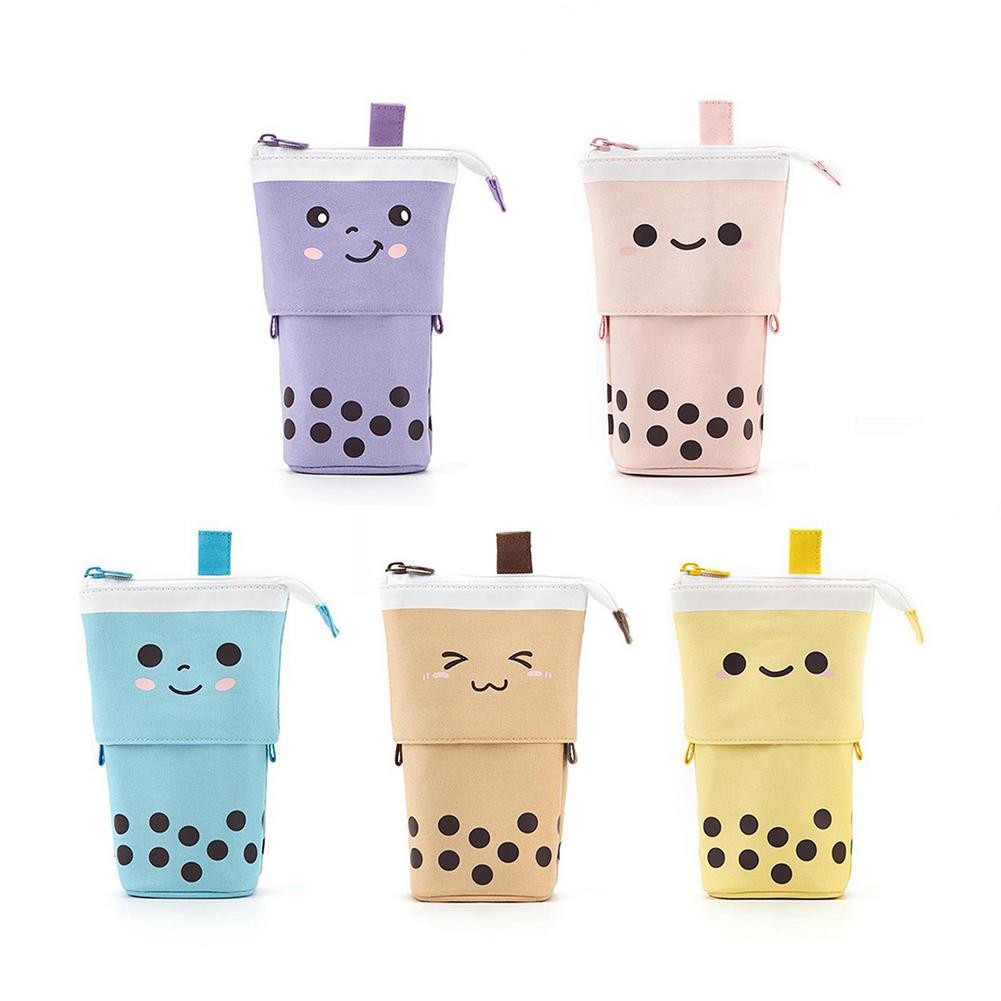 

1 Set Cute Boba Milk Tea Telescopic Pen Bag Pencil Holder Stationery Case Stand Up Pencil Case