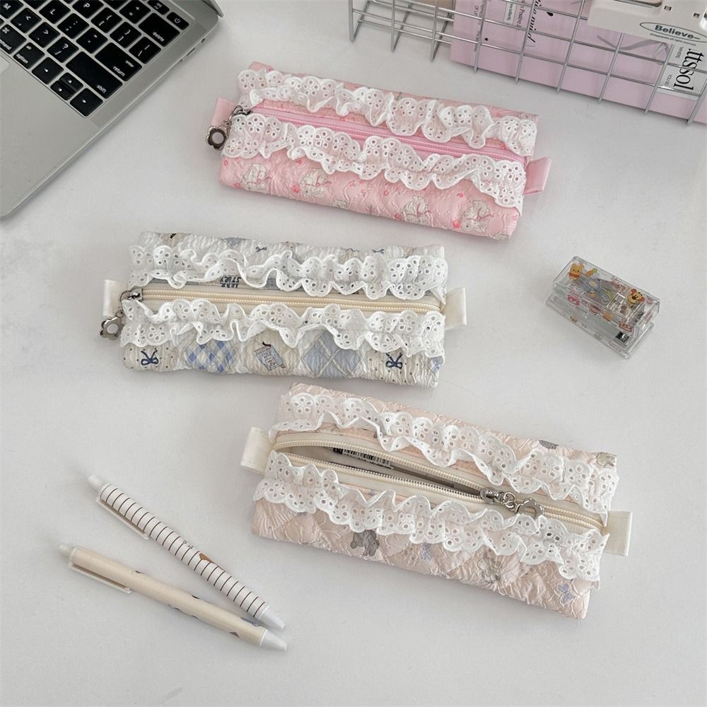 

Fresh Lace Pencil Pouch Large Capacity Cosmetic Bag Flower Pattern Pen Case Makeup Bag Cartoon