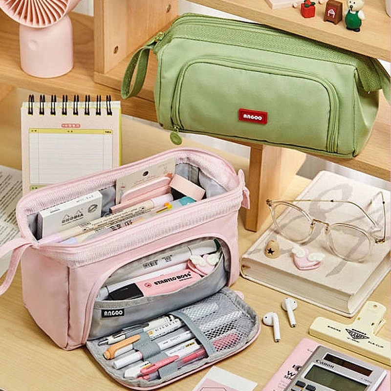

Angoo Cute Pencil Case Special Macaron Color Side Window Canvas Big Pencil Pouch Pen Box Storage Bag