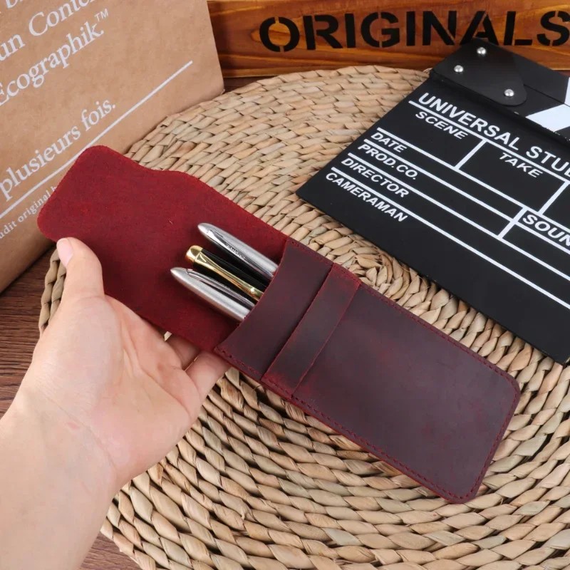 

Handmade Genuine Leather Pencil Bag Cowhide Fountain Pen Case Holder Vintage Retro Style Accessories