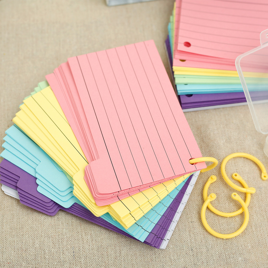 

300Pcs Tabbed Index Cards With 8 Binder Rings Portable Index Note Cards 6 Colours Ruled Flash Cards
