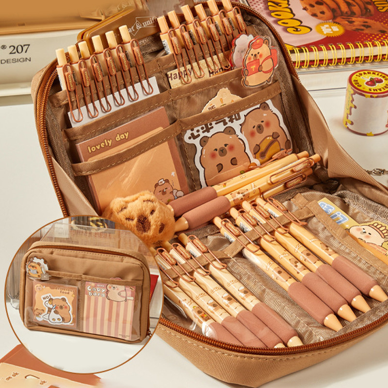 

Large Capacity Kawaii Capybara Multi Layered Separated Stationery Bag Pencil Case Cosmetic Bag