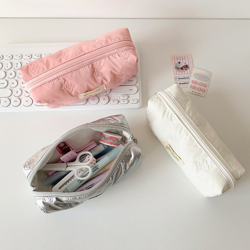 

Ins Simplicity Student Pencil Case For Girl Sweet Bow Solid Color Makeup Bag Cute Portable Large