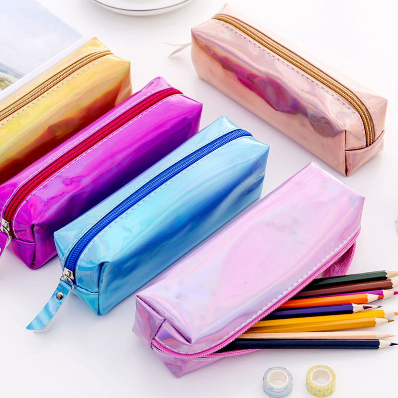 

Colorful Laser Pencil Case Rose Gold Pu Quality School Supplies Kawaii Stationery Pencil Box