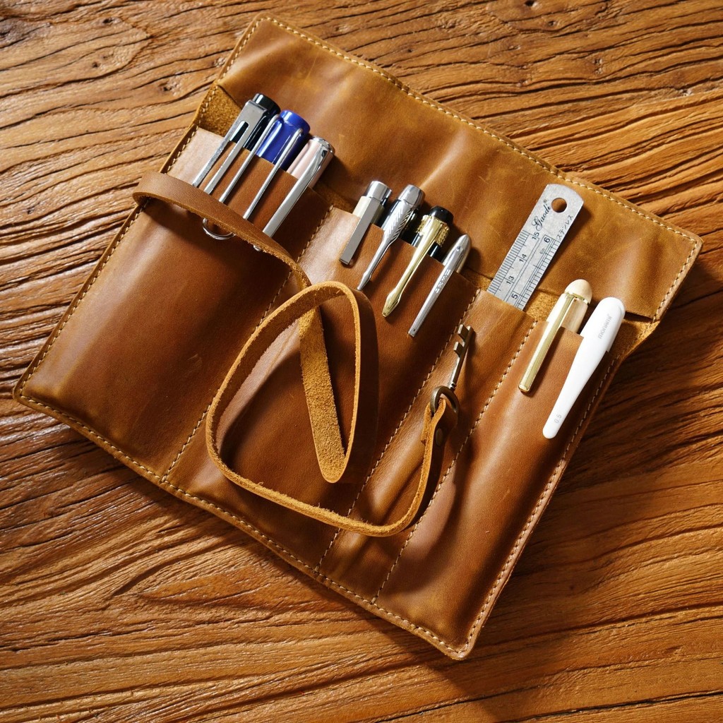 

Genuine Leather Pencil Case Tie Rope With Key Pens Bag Retro School Office Stationery Student