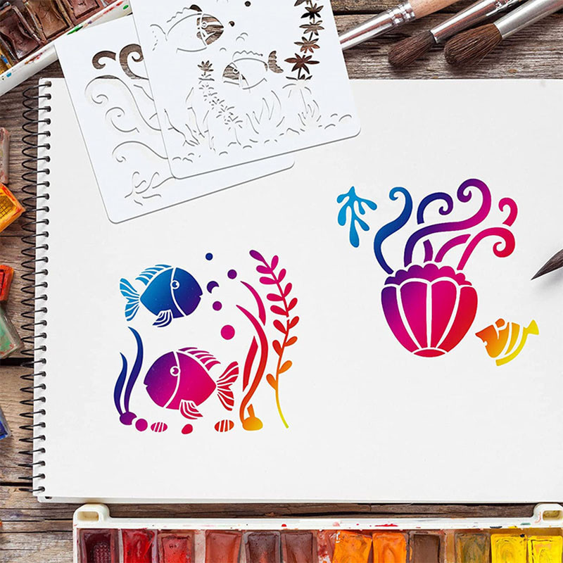 

Reusable Sea Ocean Creatures Painting Stencils Kids Drawing Boards Cartoon Mermaid Turtle Diy Paint