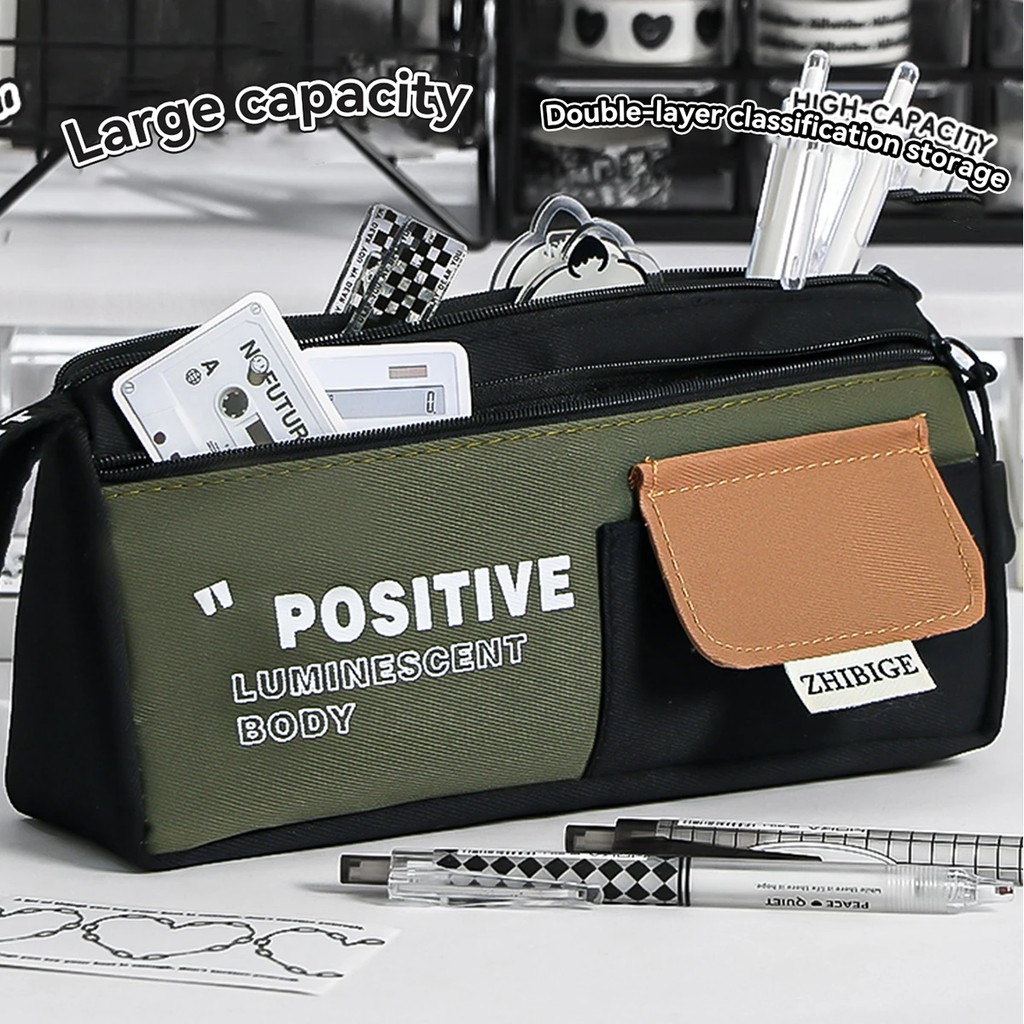 

Kawaii Double-Layer Canvas Pencil Case For Students Large Capacity Organizer With Durable Zippered