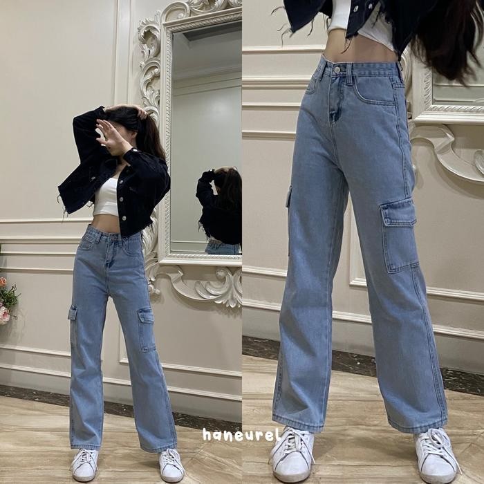 Blumjean- Karamel Jeans Celana Cargo Jeans Highwaist Jeans Wanita Xs