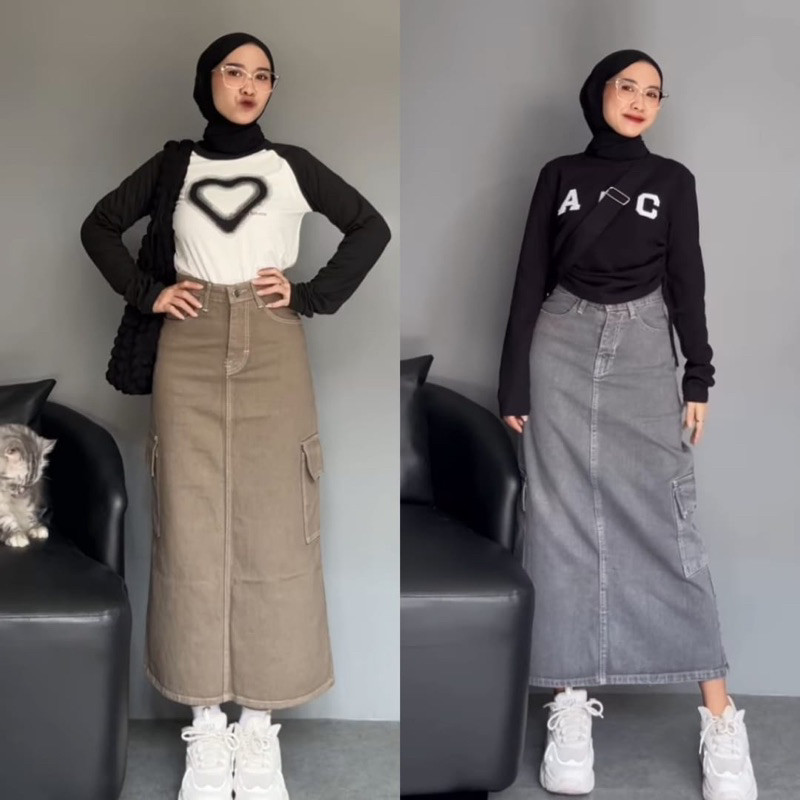 PROMO / Rok Cargo Jeans Span Polos Wanita Skrit Rok Panjang Highwaist Terbaru Rok Jins Nayla
