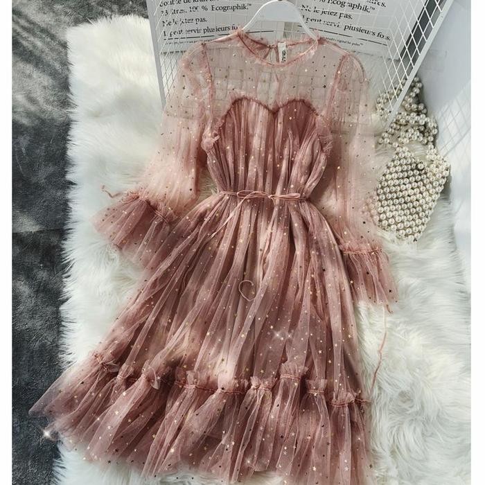 Fleesa- Shimmer Dress Lace Mesh Motif Floral Vintage Maxi Dress Pest Natal Bunga 3D Casual