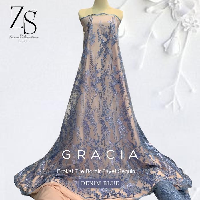 Trenatik- 1/2 Meter Kain Bahan Kebaya Mewah Brokat Tile Bordir Payet Gracia Warna Biru Denim