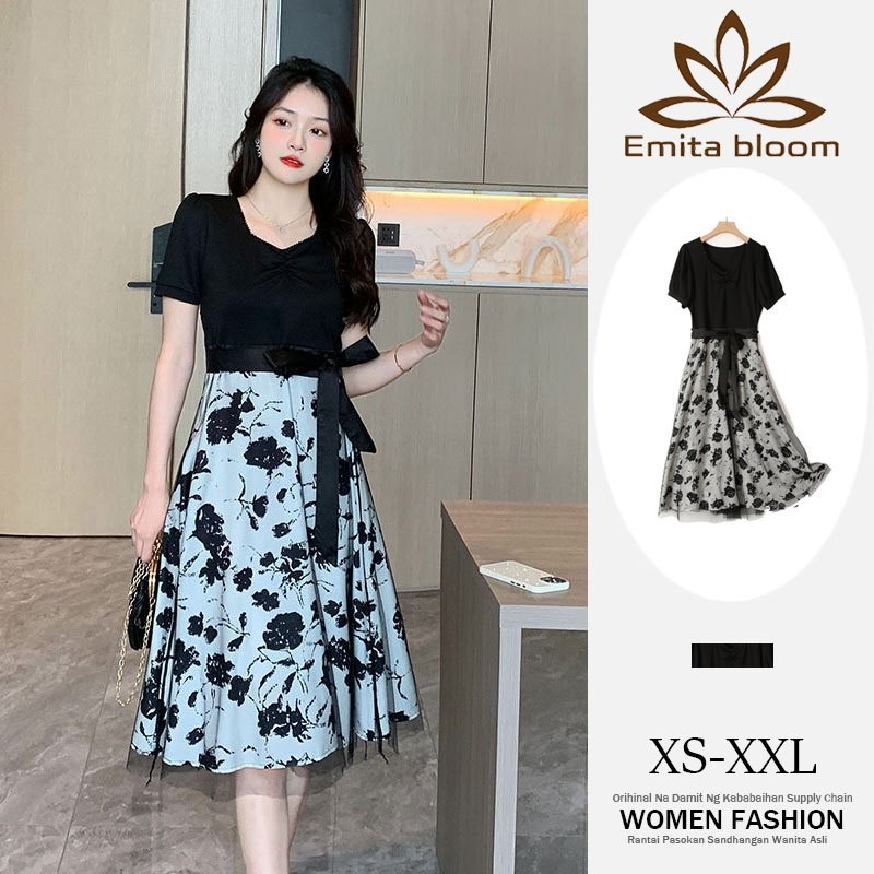 PROMO / EMITA BLOOM baju pantai wanita floral dress hitam panjang party elegan midi dress jumbo