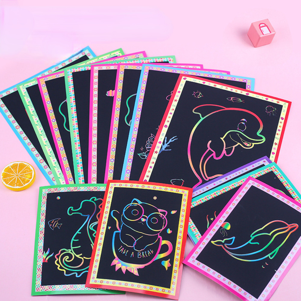 

10Pcs Scratch Art Paper Magic Painting Paper With Drawing Stick Drawing Toys Kids Learning