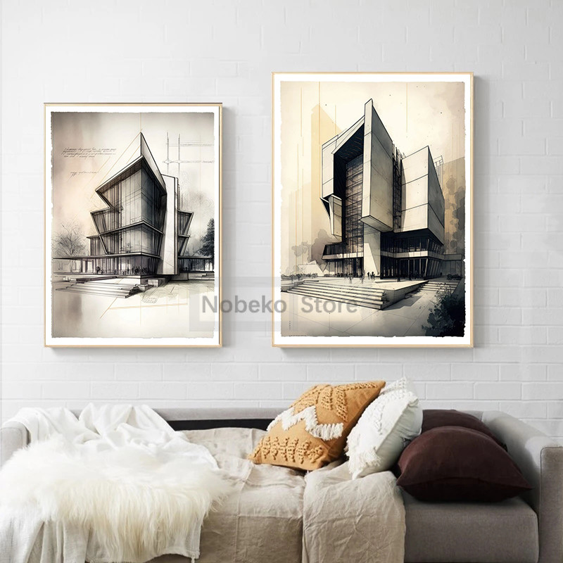 

Modern Architecture Drawings Buildings Linear Minimalist Design Poster Prints Canvas Painting Wall