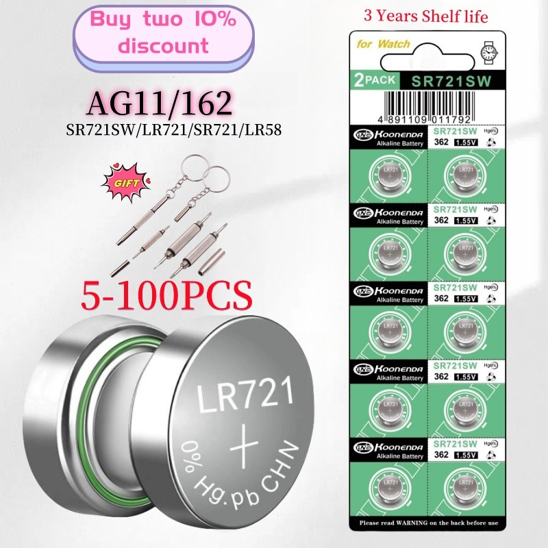 2-100PCS AG11 SR721SW 362 361 162 1.55V Button Coin Cell Watch Battery 0% Hg Mercury Free for Watch 