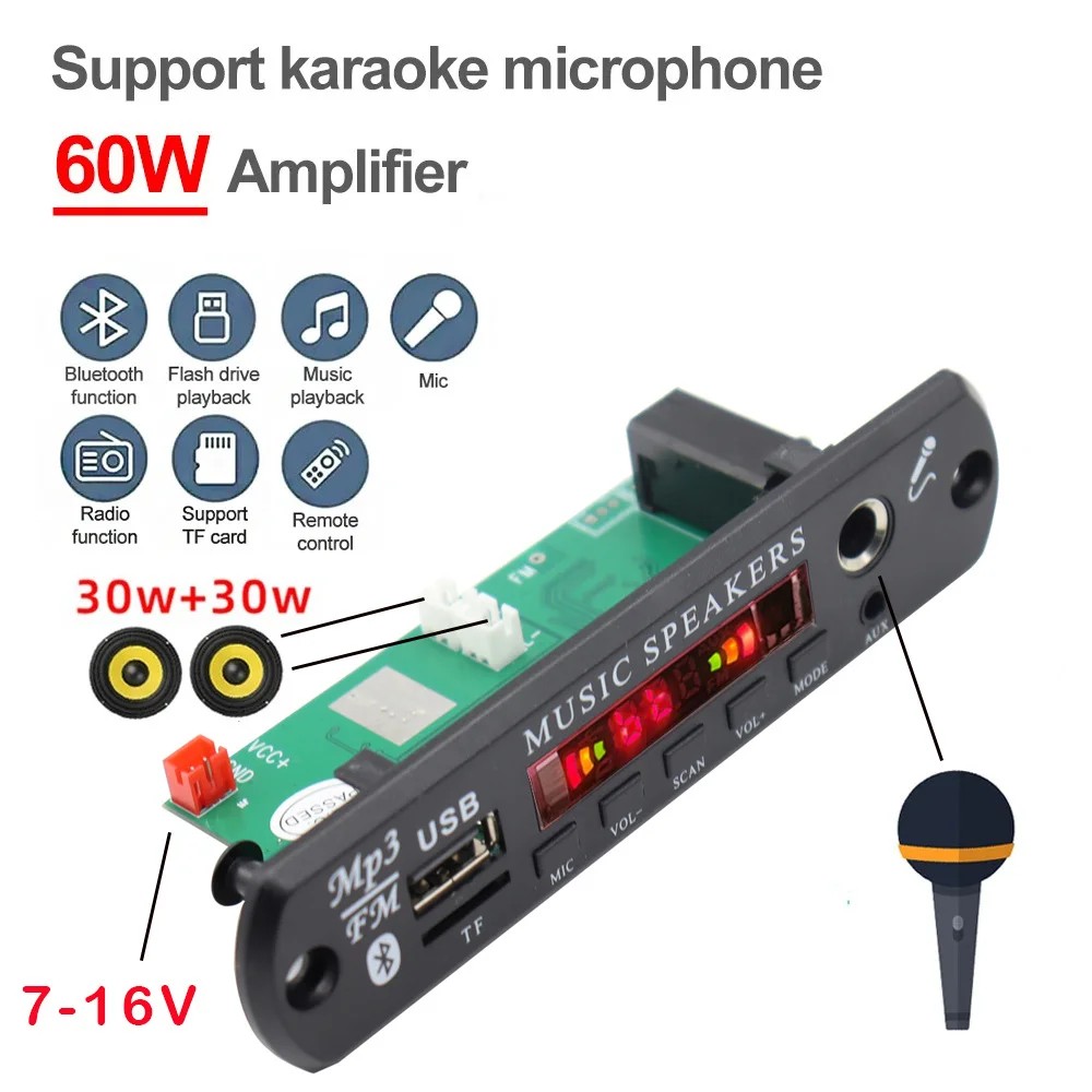 60W Amplifier DIY Car Radio Module 12V Bluetooth 5.3 MP3 Decoder Board 6.5mm Mic Jack USB TF AUX Sup