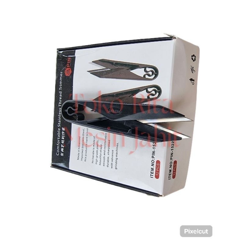 

[READY] Satu lusin isi 12 pcs gunting buang benang merk PIN-1522, gagang plastik hitam