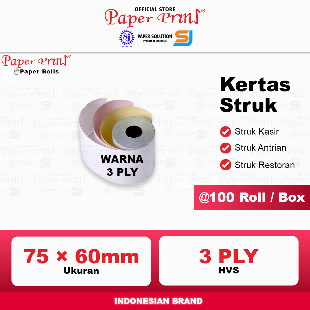 

Kertas Struk Kasir Register Roll NCR Paperyns 3PLY 75 x 60mm (1 Box isi 100 Roll)