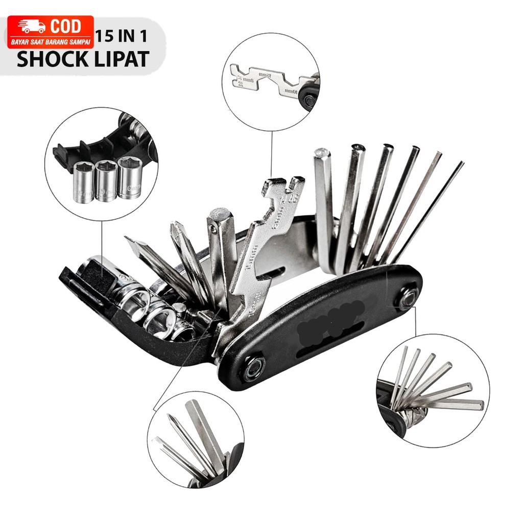 COD Kunci Shock Lipat mini Set Kunci Sepeda motor 16 Tools 16in1 Kunci 8 9 10 ring pas L Obeng 16 in
