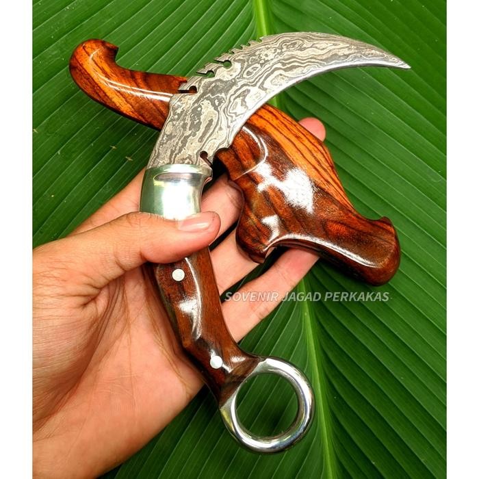 Kerambit Baja Balik Mlipih Pamor Damaskus Kayu Sonokeling Duralium.