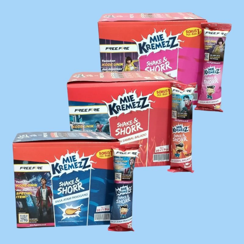 

Mie Kremezz Shake & Shorr Keju MAnis, Ayam Panggang dan Sambal Balado Snack 16 g [20 pcs/box] Free 1