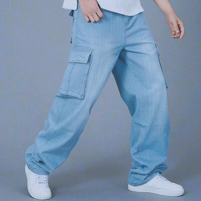 CELANA JEANS CARGO PRIA REGULER SANTAI PANJANG STANDAR HIGH WAIST