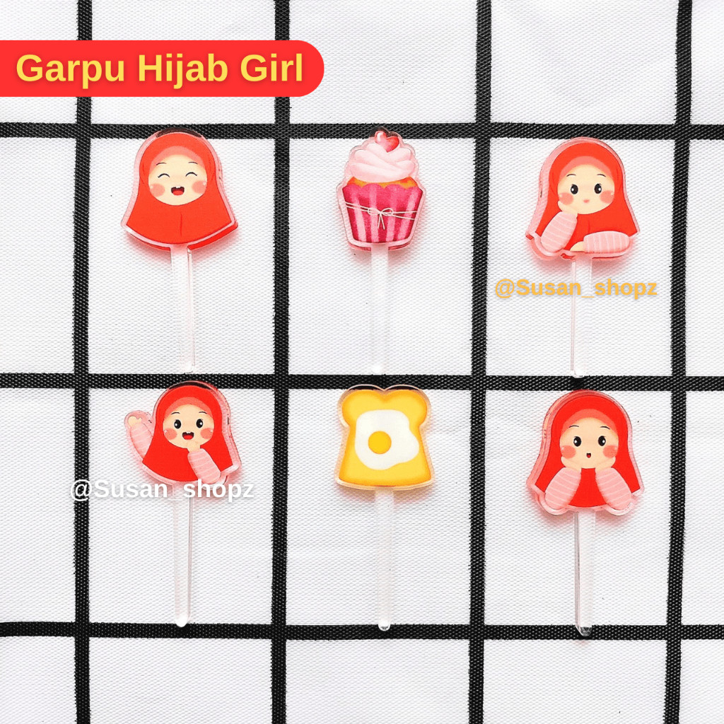 Garpu Akrilik Hijab Girl Hiasan Kue Buah Cupcake Bento