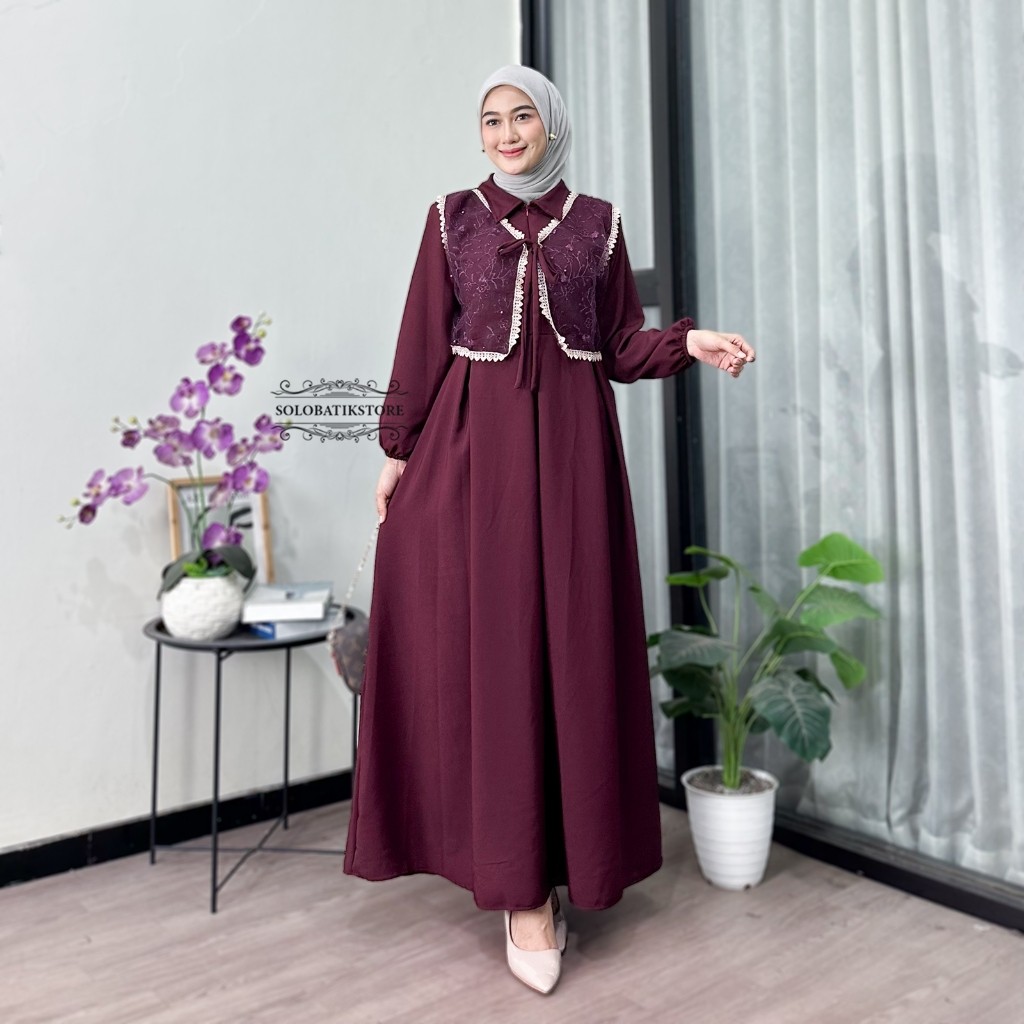 Gamis Lebaran BURGUNDY Wanita Terbaru 2025 - Maxi Dress Remaja Aestetic Gamis Polos Rompi Brokat-