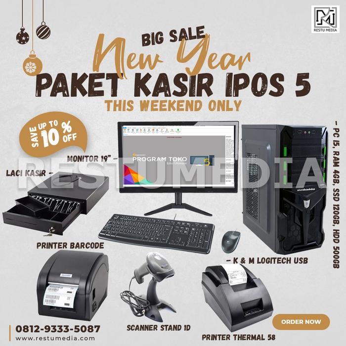 PAKET KOMPUTER KASIR FULL SET SIAP PAKAI SSD120GB IPOS 5 ULTIMATE GRATIS ONGKIR